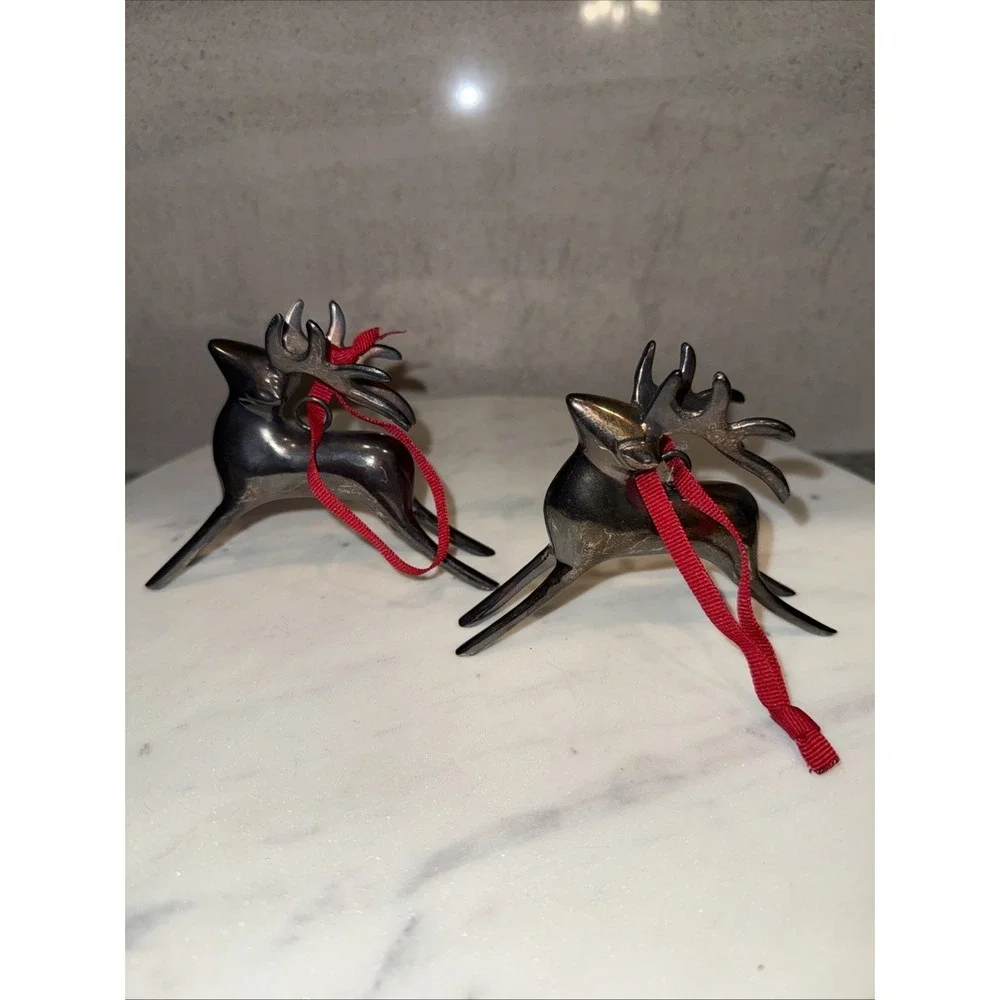 Pair Pottery Barn Silver Plated REINDEER Christmas Ornament with Red Ribbon